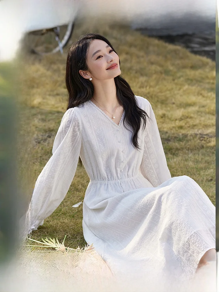 

Ele V-ne Embroidered Lace Hem Cotton Long Dr Women's Spring Autumn New Sle Slimming Pure Cotton Dr