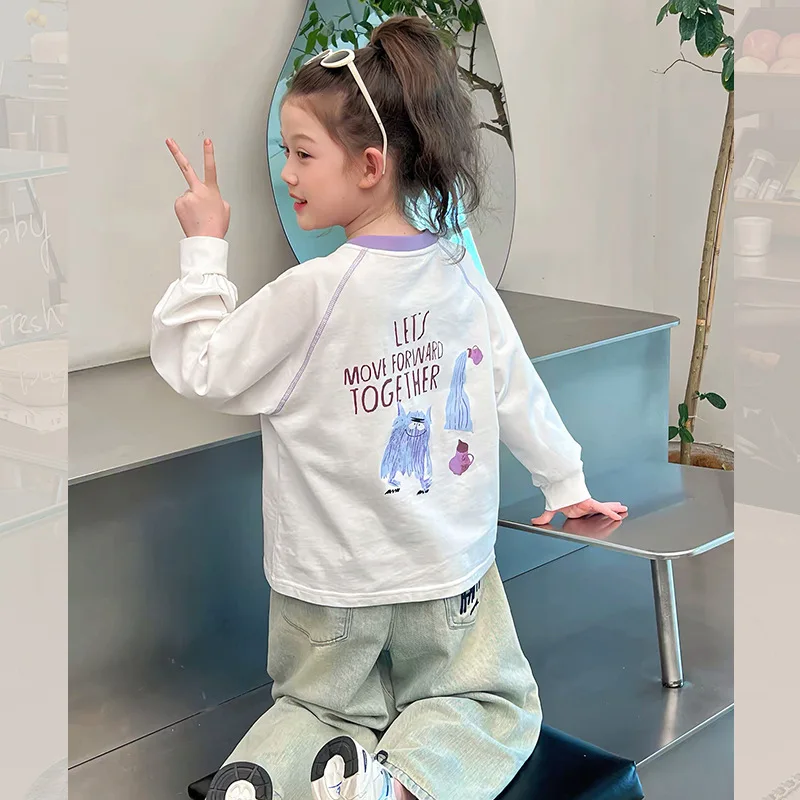 

Girls' stylish white sweatshirttChildren's Long Sleeve Base Shirt Big Kids Inner Wear Top2025New Spring Collection