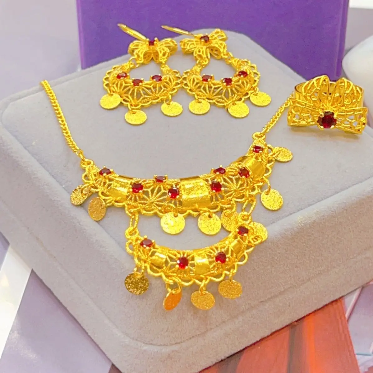 Novo dubai 24k banhado a ouro anel colar brincos romântico presente de casamento festa conjunto de jóias para mulher dd10578