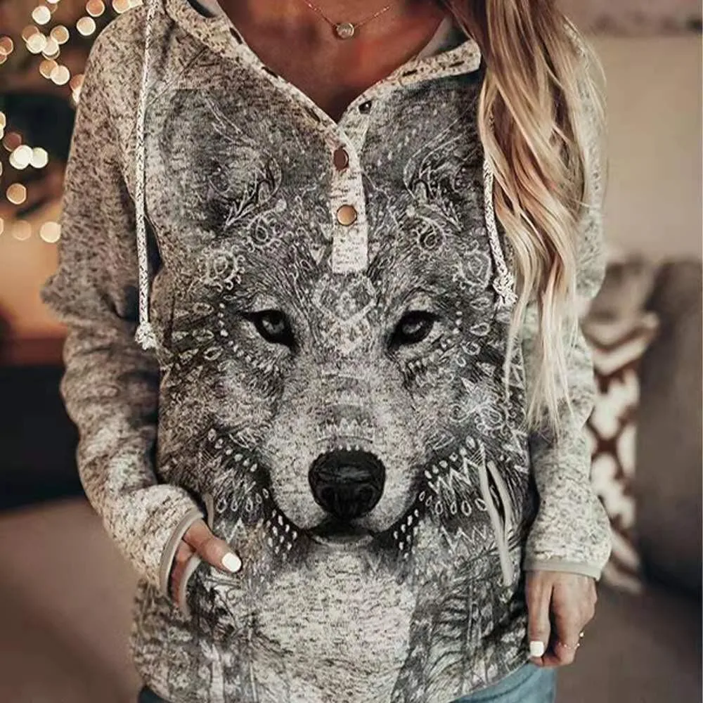 

S-3XL Women's Spring and Autumn New Casual Printing Sweater Grey Cartoon Animal Pattern Loose Hoodie