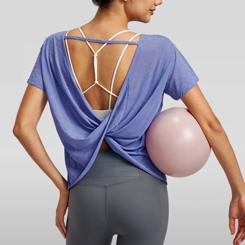 Aiithuug Back Knot Yoga Loose Top Breathable Quick Dry Open Back Workout Tops Gym T Shirts Athletic Cropped Workout Crop Top