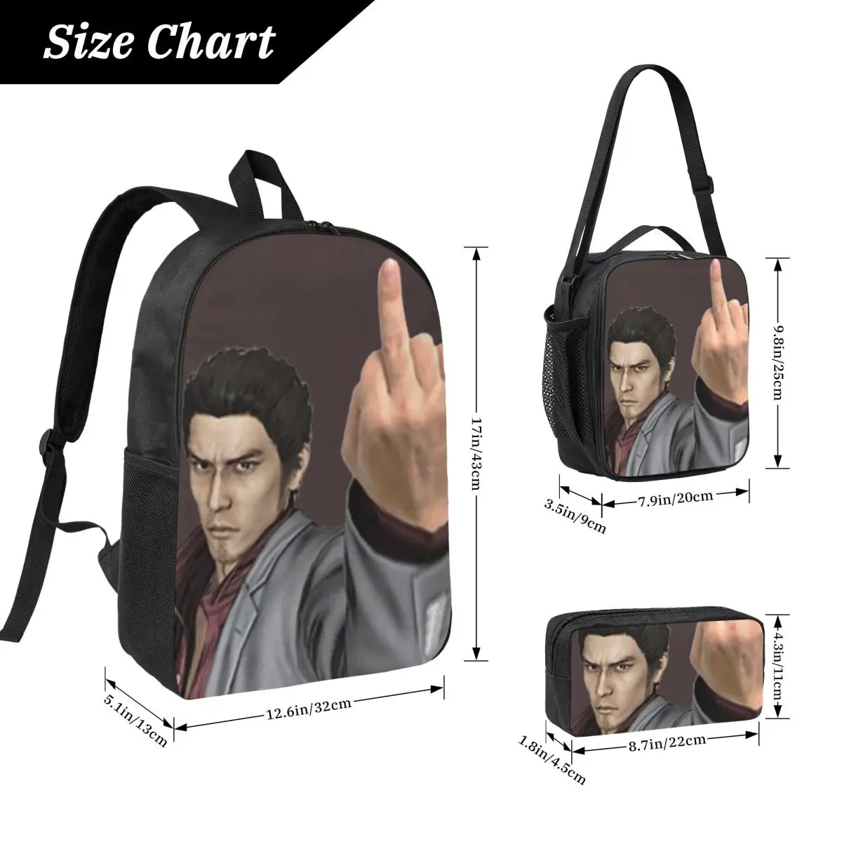 Kazuma Kiryu Middle Finger Backpack Student BookBag School Bag Computer Shoulder Bags 3ps Insulated Lunch Bag Pencil Case