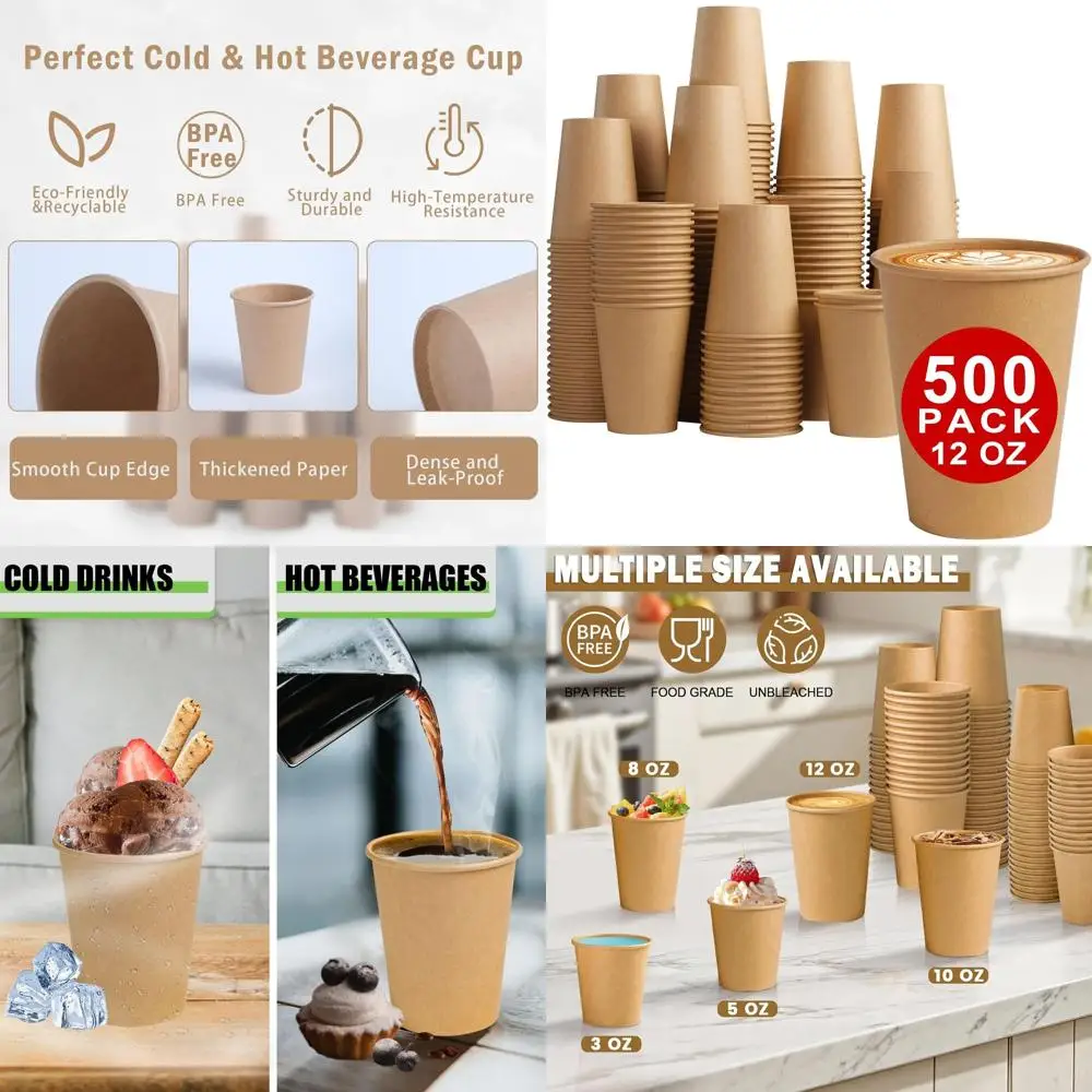 

12 oz Disposable Paper Cups, 500 Pack, Suitable for Hot/Cold Beverages, Ideal for Parties, Picnics, Travel & Events