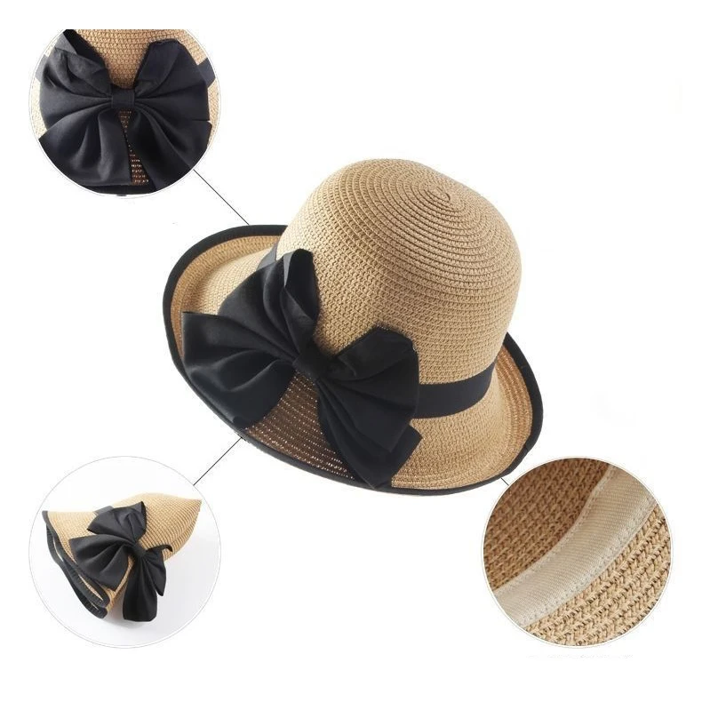 Fashion Summer Panama Beach Straw Hat For Women Beach Rolled Up Sun Hat Casual Travel Cap Simple Wide Brim Bow Hat Casquette