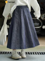 HanOrange 2026 Spring Retro Casual Cotton Linen Texture Half Skirt High Waist Slim Midi Skirt Navy Blue