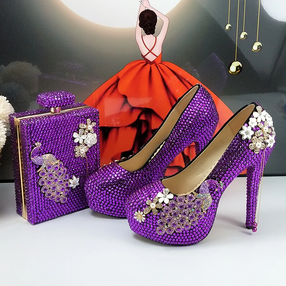 Purple Crystal Bridal Wedding shoes and bag Woman Thin Heel High Pumps Party Evening shoes Shallow Platform shoes