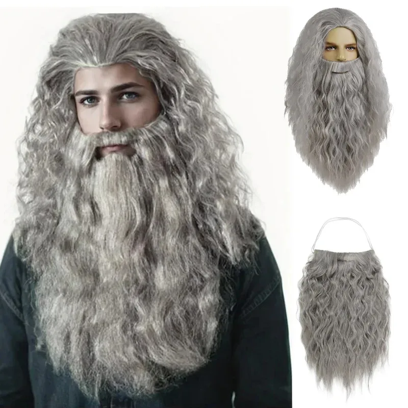 Peluca y barba manchada gris sintética, pelucas largas de mago gris oscuro + barba + varita mágica, accesorios para disfraz de Halloween para adultos