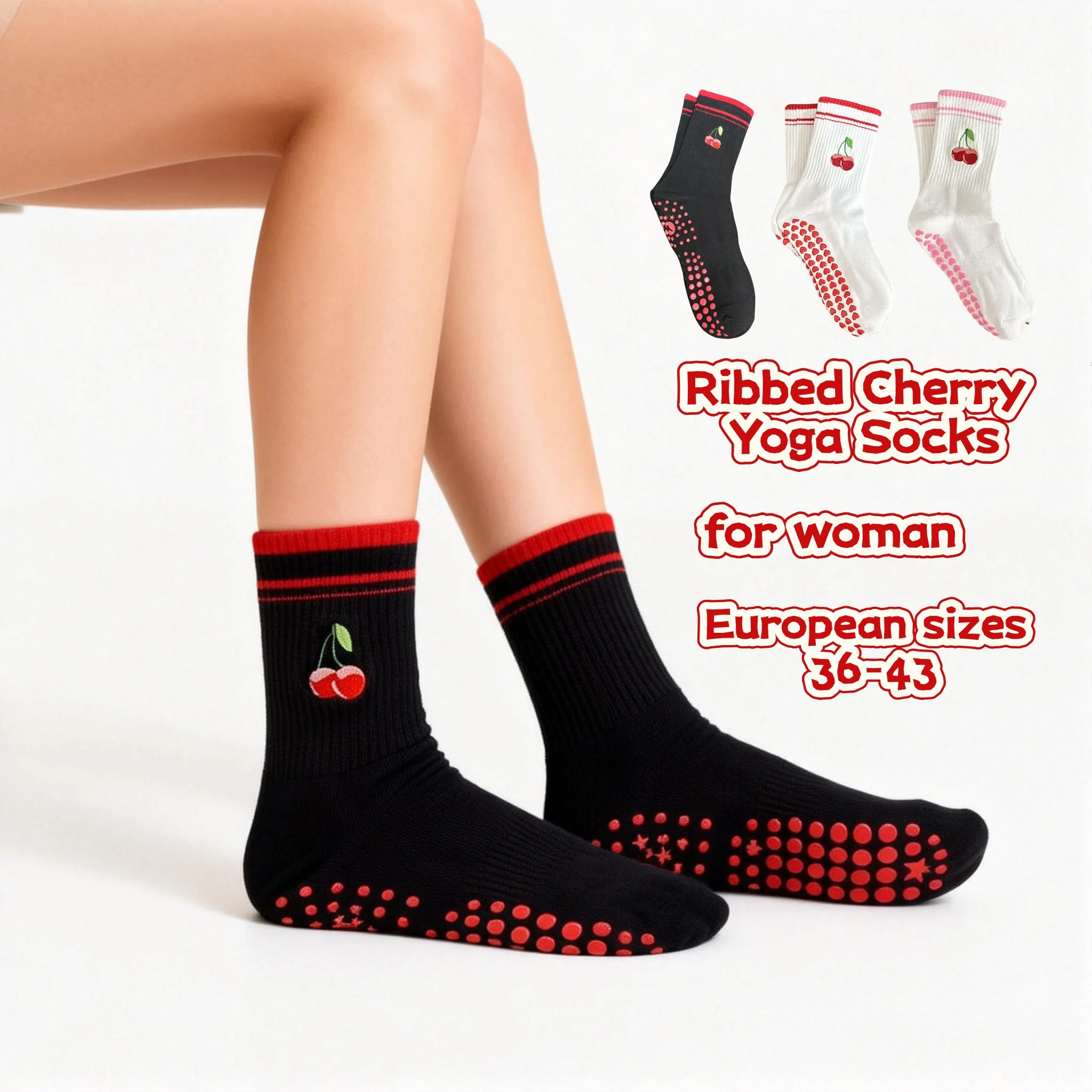 

European sizes 36-43, 1 Pair of Ribbed Cherry Yoga Socks Cute, Fashionable, and Slip-Resistant for Women.
