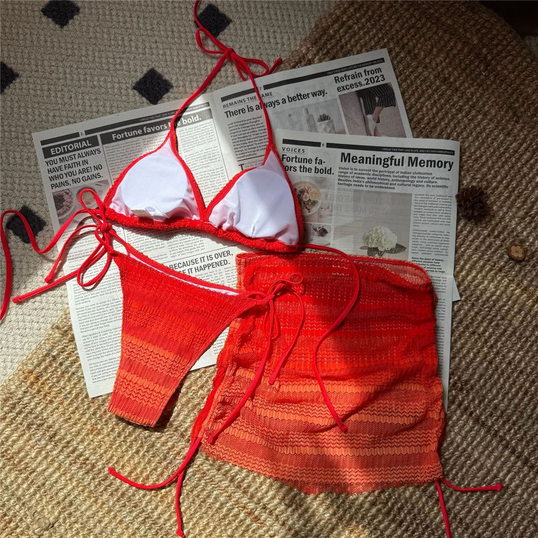 Rosa 3-teiliger Bikini mit Rock, Farbverlauf, Damen-Badebekleidung, Badeanzug, dreiteiliges Bikini-Set, gepolsterter Badeanzug, Badebekleidung, Schwimmbekleidung V6696 – Detail 15