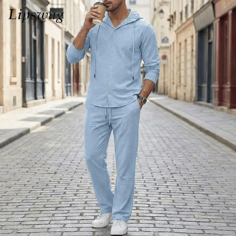 Stylish Mens Solid Color Two Piece Sets Linen Long Sleeve Button-up Hoodie Shirts And Pants Outfits Men 2026 Spring Casual Suits