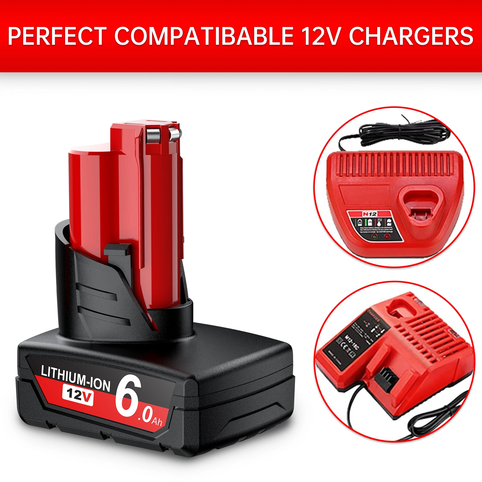 Akumulator 12V 6000mAh M12 z lampą do narzędzi bezprzewodowych Milwaukee M12 XC 48-11-2402 48-11-2411 48-11-2401 MIL-12A-LI — zdjęcie produktu 4