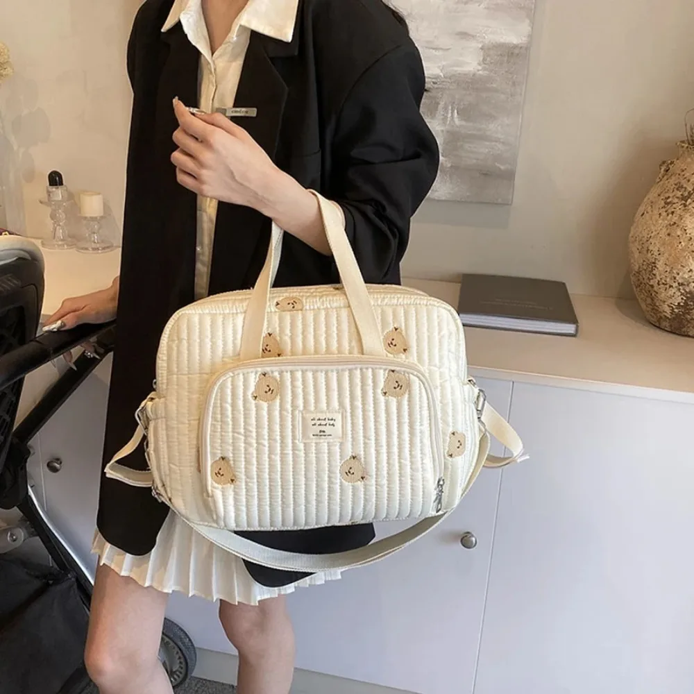 Mommy Diaper Bag Large Capacity Print Embroidery Zipper Handbag Beige Newborn Nappy Pouch Portable Single Shoulder Women's Bag image 2