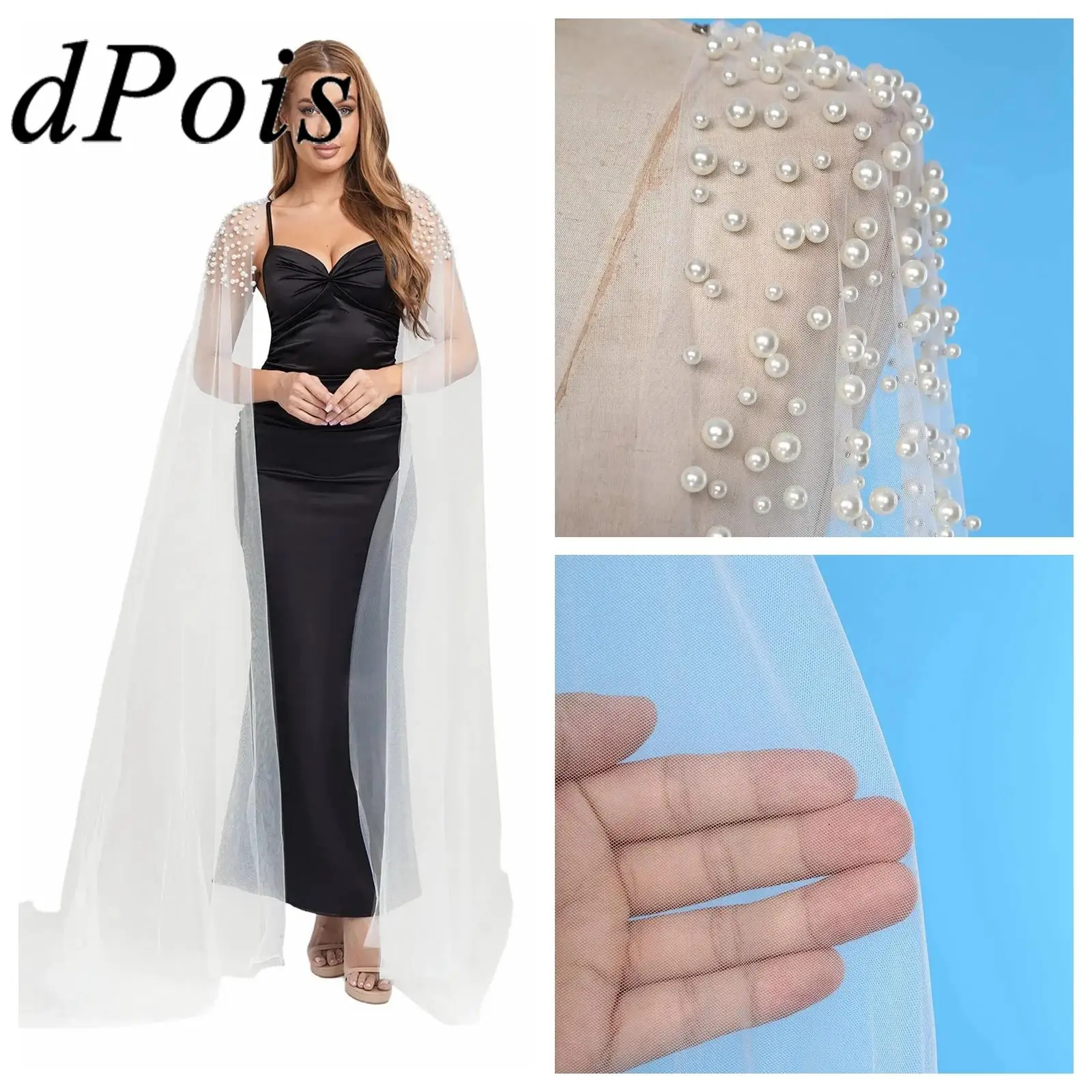 

1 пара элегантных длинных свадебных накидок для женщин и девочек из искусственного жемчуга, тюлевая шаль с рукавами, аксессуар для костюма для свадебного банкета