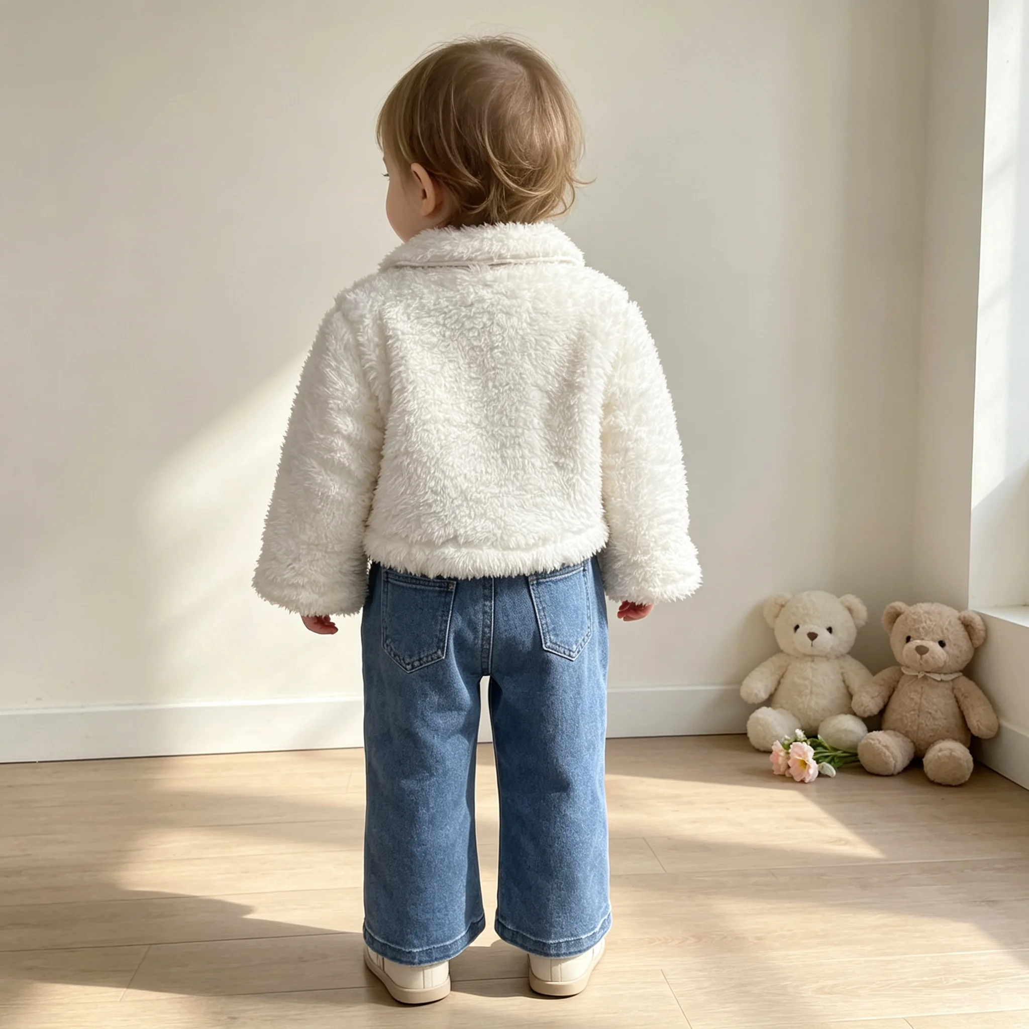 Girls Spring Autumn Two-Piece Set Floral Embroidery White Furry Collar Jacket with Heart Pocket Denim Pants Baby Outfit