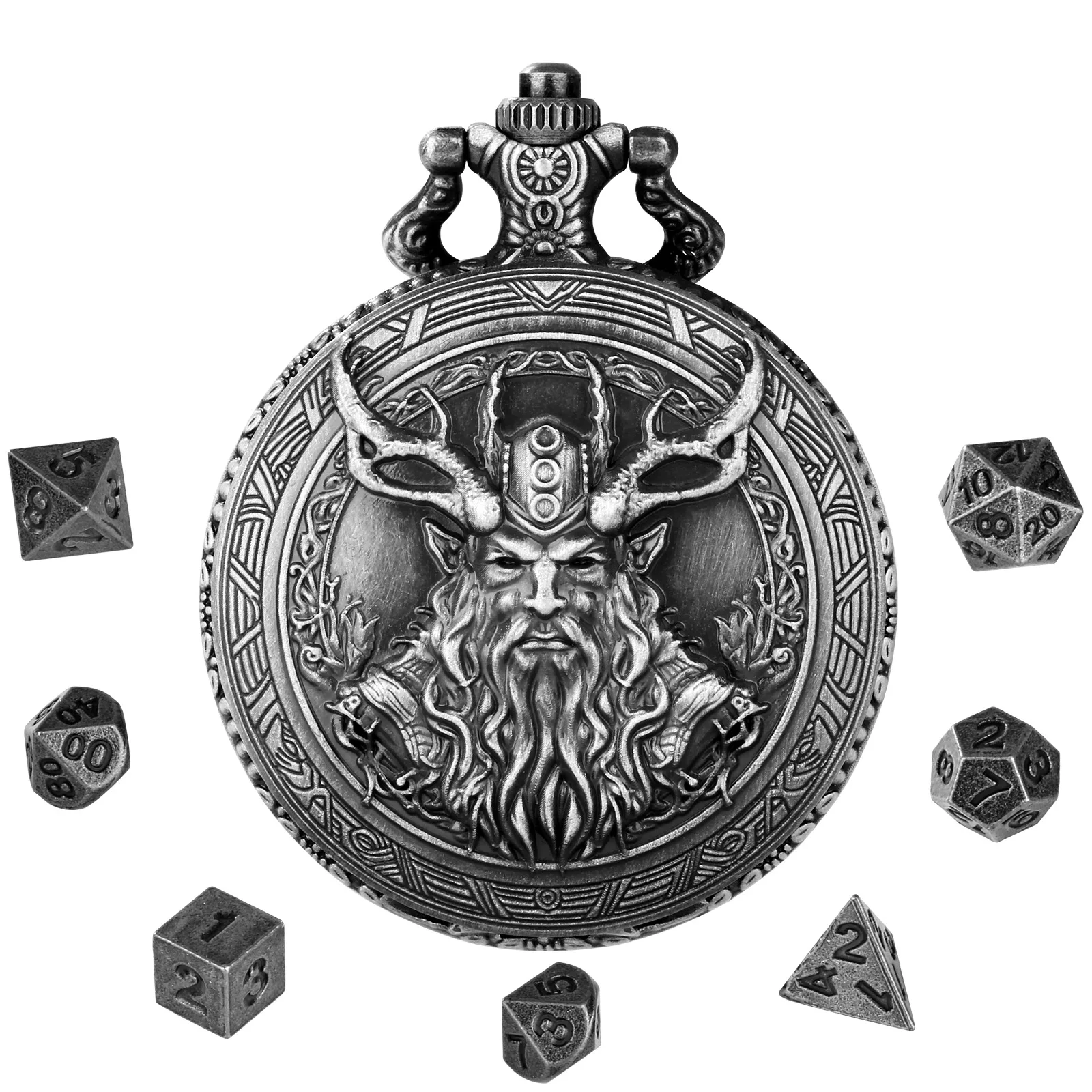 7 Piece Polyhedral Dice Set With Chain Viking Embossed Pocket Watch Case Metal Dices For RPG Tabletop Game