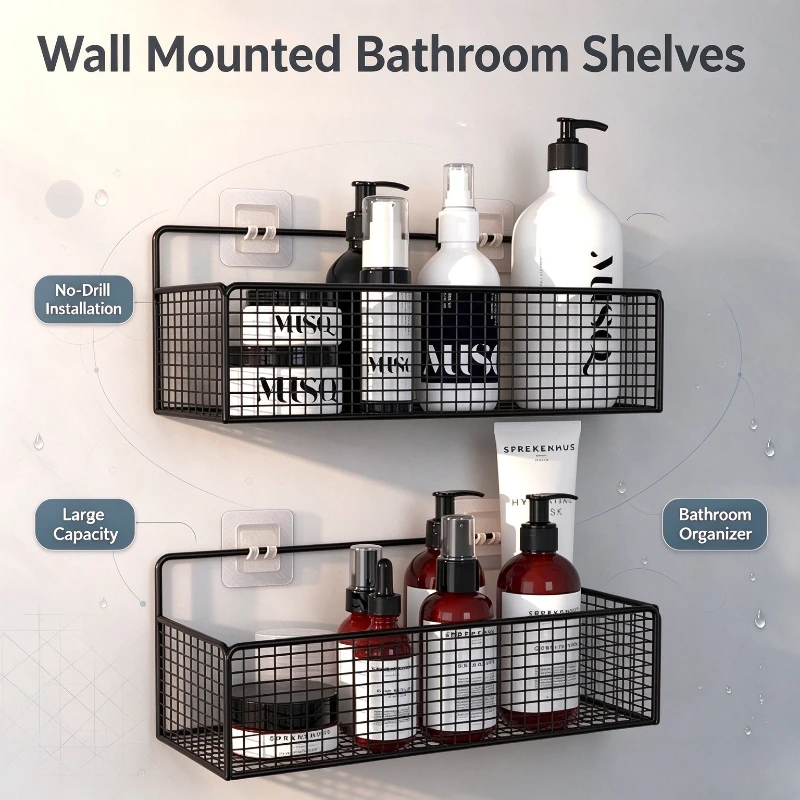 2PCS Punch Free Wall Mount Organizer No Trace Storage Shelf For Bathroom Wash Counter And Kitchen Sundries Storage