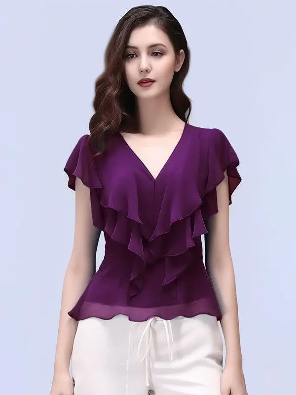 

Женская шифоновая футболка с эффектом похудения ort Sve с v-образным вырезом, обычная, тонкая, из полиэфирного волокна, летняя одежда для поездок на работу