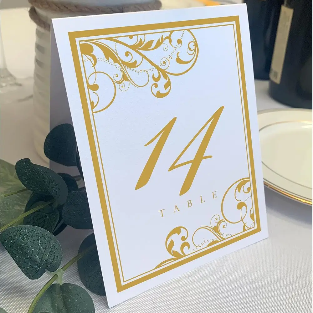 Scribble Vintage Swirl Table Numbers, Gold, 1-200 | Double Sided Tent or or Use in a Stand - Wedding Retions, Special Events, Pa