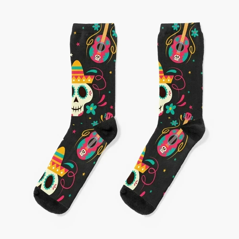 

Halloween: day of the dead pattern with skulls, candles and guitars Socks aesthetic custom essential tennis Men Socks Women's