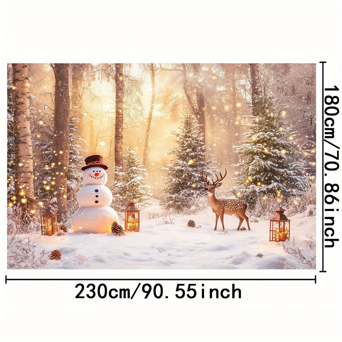 قطعة واحدة من قماش الخلفية ثنائي الأبعاد "ستارة غابة عيد الميلاد العجائب: رجل ثلج، مرافقة الرنة، فوانيس تألق في الشتاء #5