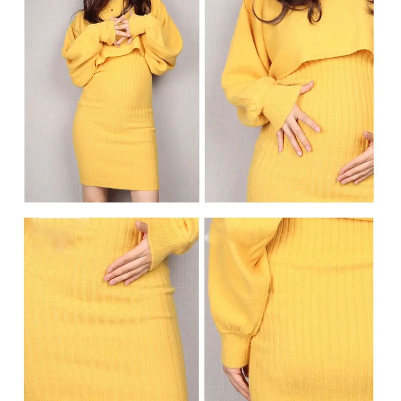 New Maternity Two Piece Set Autumn Winter Female Knitted Sleeveless Slim Sweater Dress And Women Crop Top Pregnant Wear