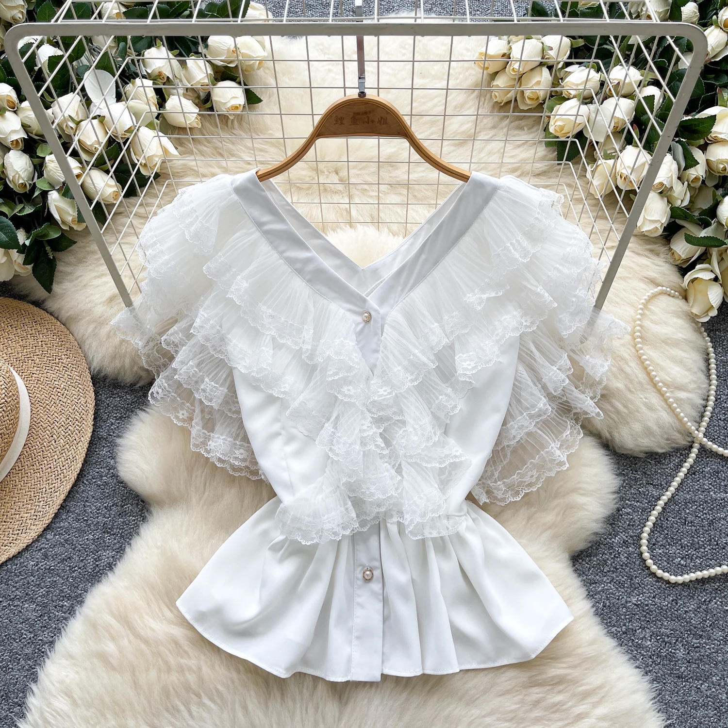 Vintage Elegant V-neck ruffle short sleeve Blouse Fashion Shirt  Casual Chic Top hotsweet Fairy  Summer Women Shirt