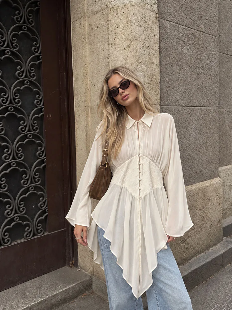 HH Mature Elegant Ivory Chiffon Longline Shirt Women Spring Summer Lapel Tie Neck Waist Cinched Asymmetric Hem Refined Chic Top