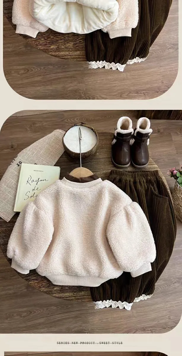 2026 Herbst Winter Dicke Warme Kleidungssets für Babymädchen Schleife Lammwoll-Sweatshirt + Cordhose 2-teiliges Kinder-Outfit Süße Lässige Freizeitkleidung – Detail 4