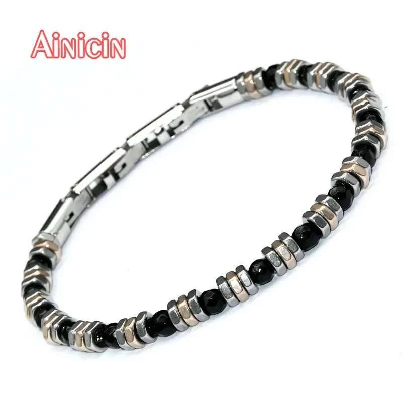 High Quality Black Faceted Agate Round Beads Stainless Steel Bracelet For Fashion Men\'s Jewelry