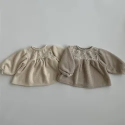 Camisas gruesas de terciopelo para niña, Tops de manga larga con cuello de encaje, camisas cálidas para niña, ropa para niños, invierno, 2024