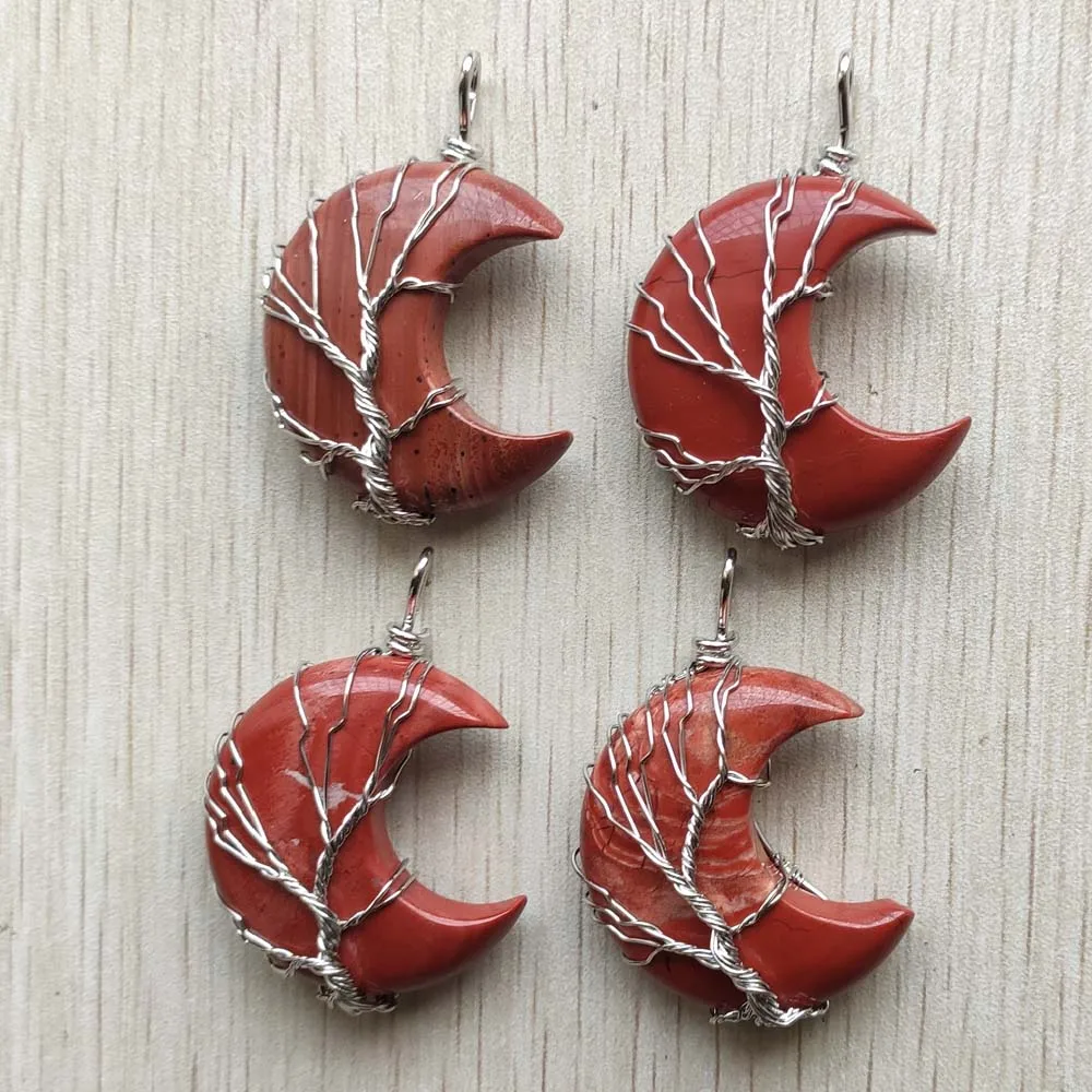 

Fashion Natural red stone Handmade tree Of Life Moon Shape pendants for For Men Women Jewelry Wholesale 4pcs/lot free shipping