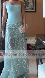 Blooms Customized Strapless Sequin Tulle Sleeveless Evening Dress See Through Formal Prom Dress Floor-Length Sky Blue Party Gown