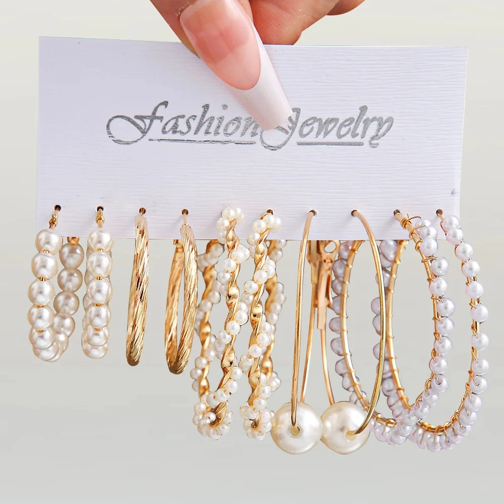 Fashion women's round earrings set, imitation pearl plated K gold jewelry gift image 6
