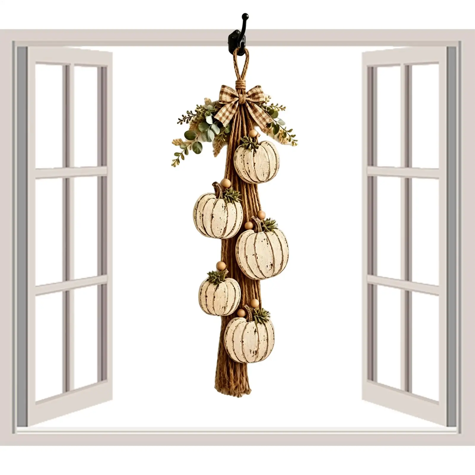 White Pumpkin Ornament Fall Door Hanger Vintage Rustic Wooden Bow Decoration With Rope Fall Indoor Door Sign for Front Porch​