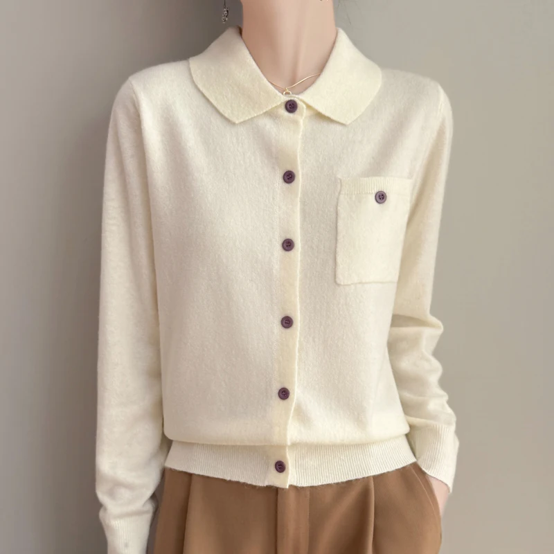 Spring 2025 New Polo Neck Cardigan Women\'s Pure Wool Sweater Jacket Fashion Solid Color Knitted Jacket Women\'s Clothes