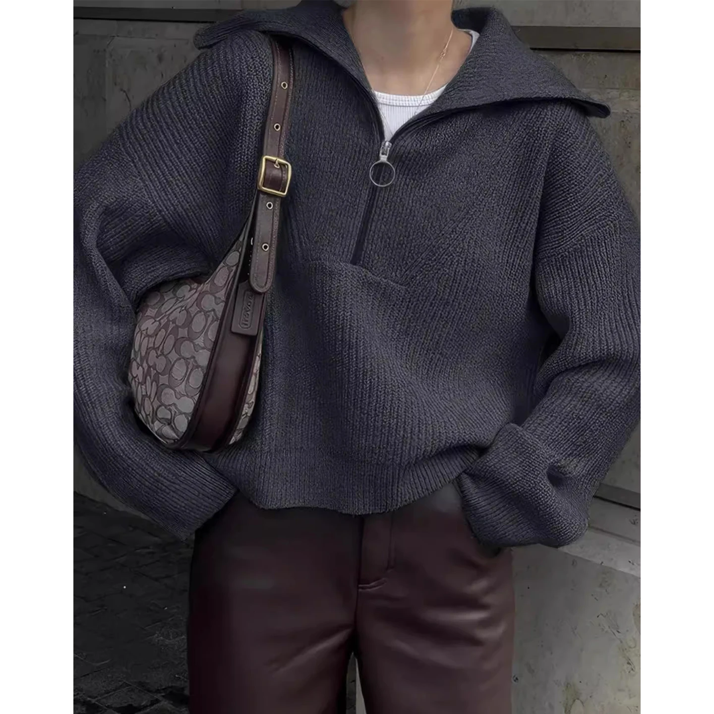 Chic Autumn Winter Women's Knitted Sweater f Zipper Long Sve Casual Loose Sle Korean Commute Sle ort Length