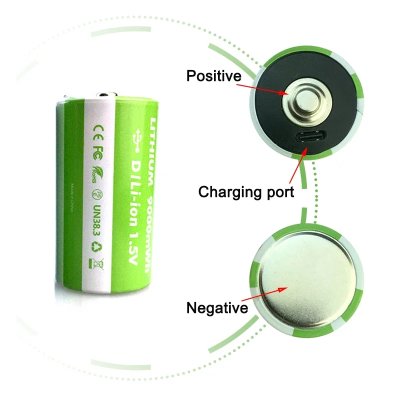 D1 New 1.5V 9000mAh Rechargeable Lithium Battery USB Fast Charging with Type-C Data Cable,for Microphone, Doorbell, Keyboard etc