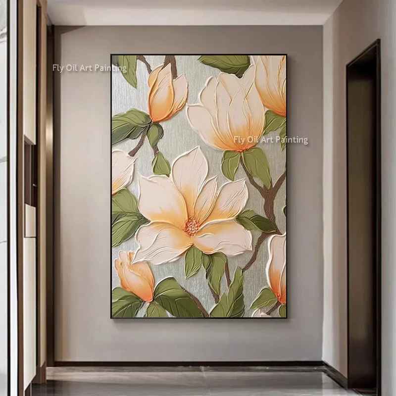 Handmade Orange White Magnolia Canvas Wall Art Impasto Texture Green Leaf Floral Oil Painting Modern Large Room Decor Artwork