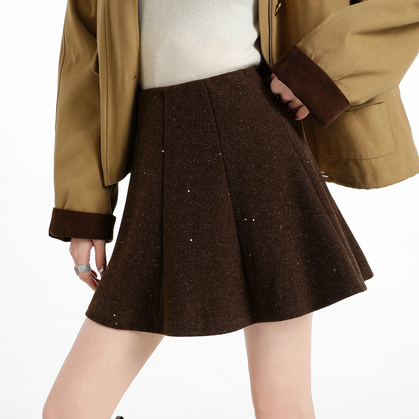 Y2K Woolen Skirt Women Sequined Midi High Waist Pleated Fluffy A Line Short Skirt Autumn Winter