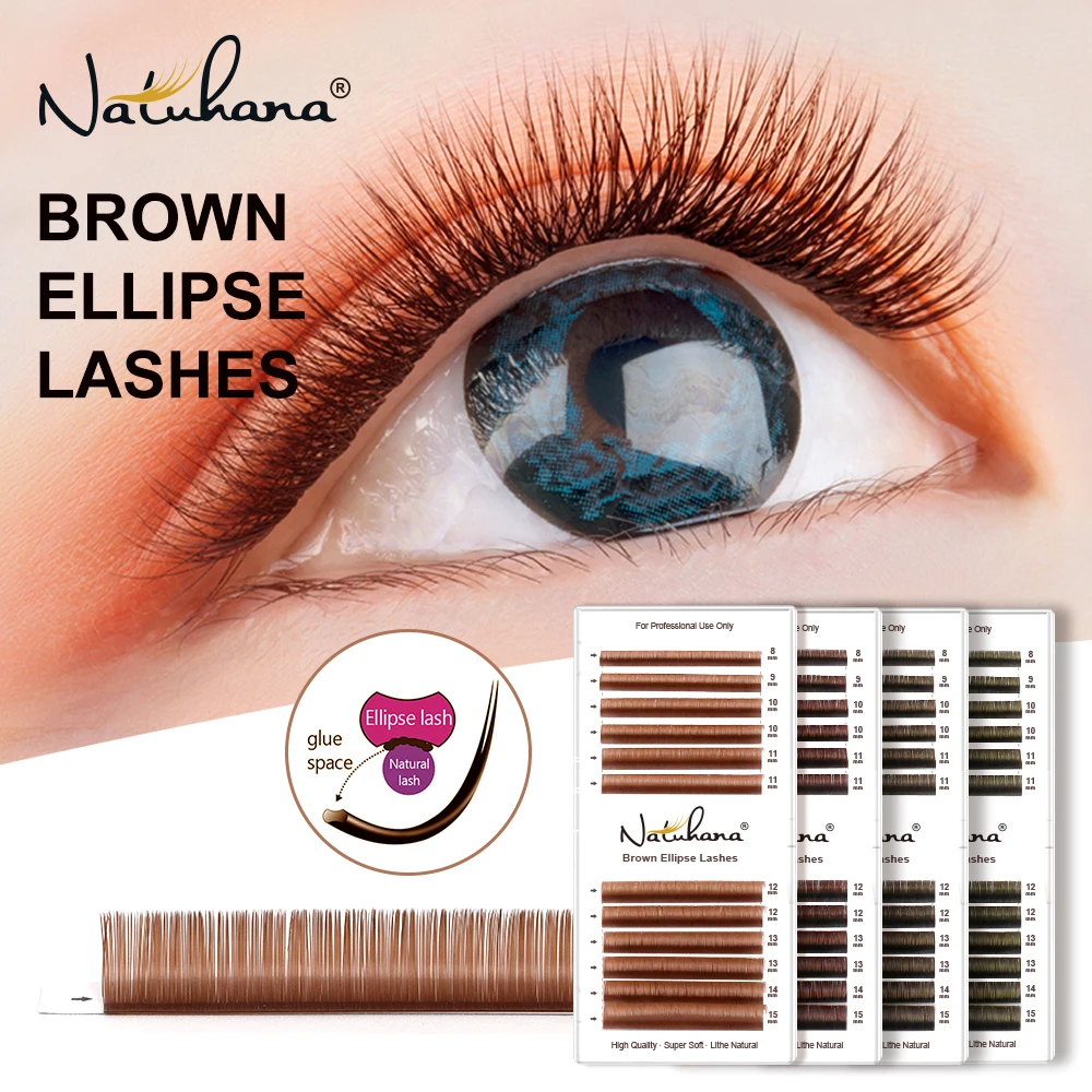 NATUHANA Braune Ellipsenförmige Flache Wimpernverlängerungen Matte Künstliche Wimpern mit Geteilten Spitzen Einzelne Faux-Mink-Wimpern Make-up-Tools
