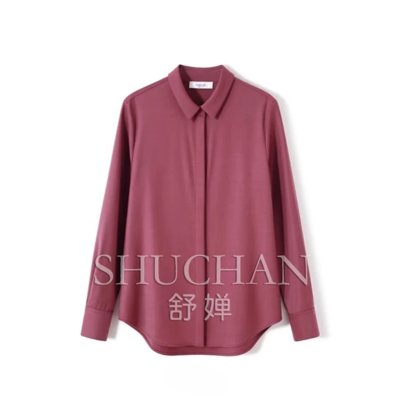

New Spring Autumn and Winter New Product Commuting High-density Worsted Ultra-fine Wool Long-sleeved Lapel Shirt Women