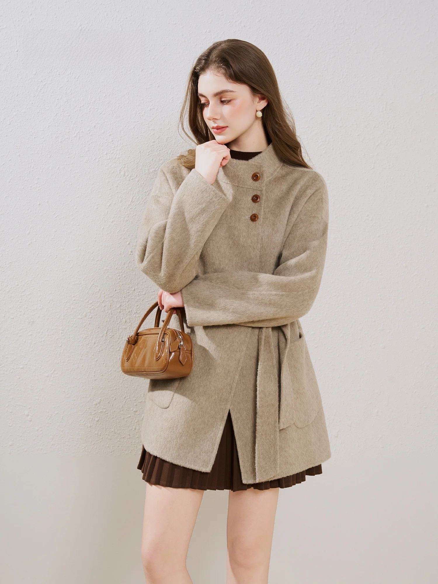 

Double-Sided Camere Woolen Coat for Women Art Walk Belted Slimming Winter Faion Ele Long Sve Stand Collar Jaet