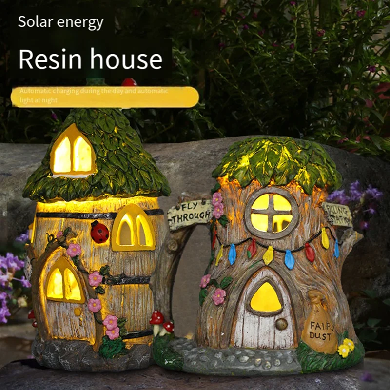 Case in resina ABKL Ornamenti per case in resina con luci solari a LED Accessori da giardino fatato Figurine per cottage all'aperto Ornamenti per prato
