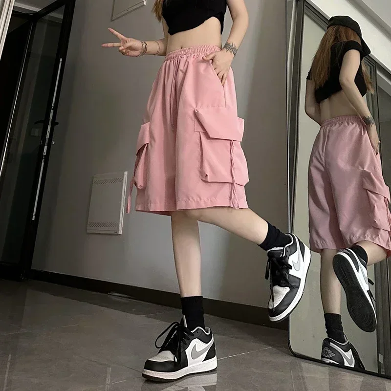 Y2K Black Cargo Shorts Women Harajuku Oversized Wide Leg Shorts S-3Xl Summer Streetwear High Waist Pink Baggy Sports Short Pants