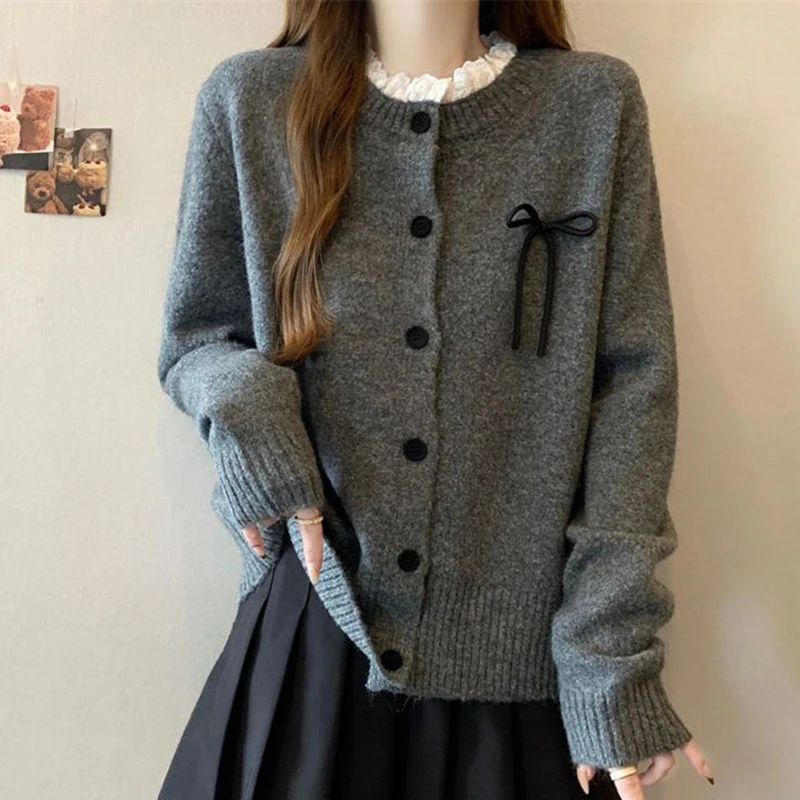 Women Grey Cardigan Lace Collar Ribbon Bow Detail Knit Sweater Button Down Long Sleeve Preppy Cozy Winter Jumper Top
