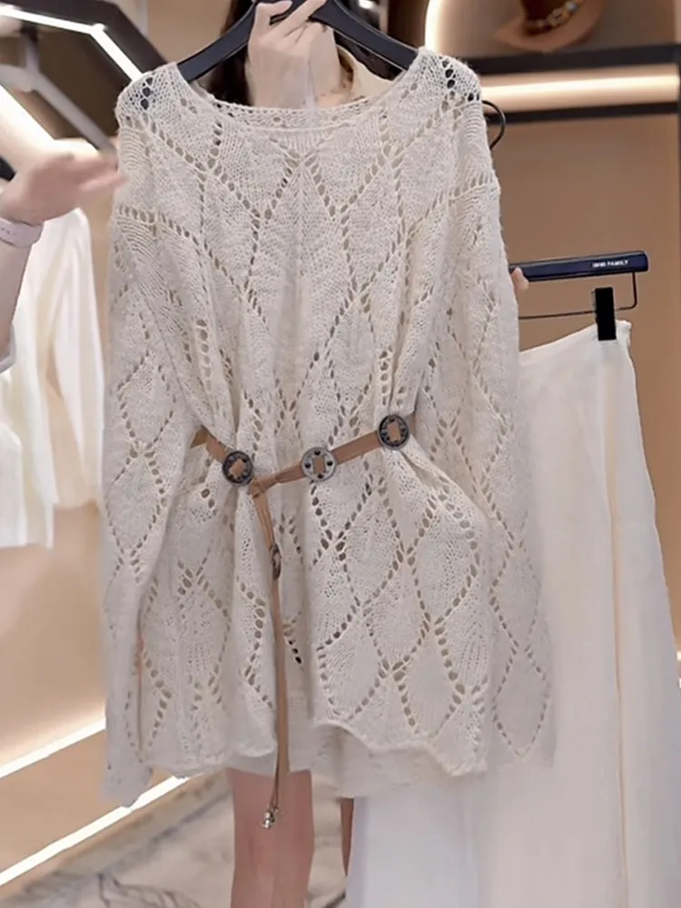 

Уникальный дизайн, ажурный вязаный топ для женщин, свободный, дышащий, в стиле lazy chic, весна-осень, новая модная модель с утяжкой на талии