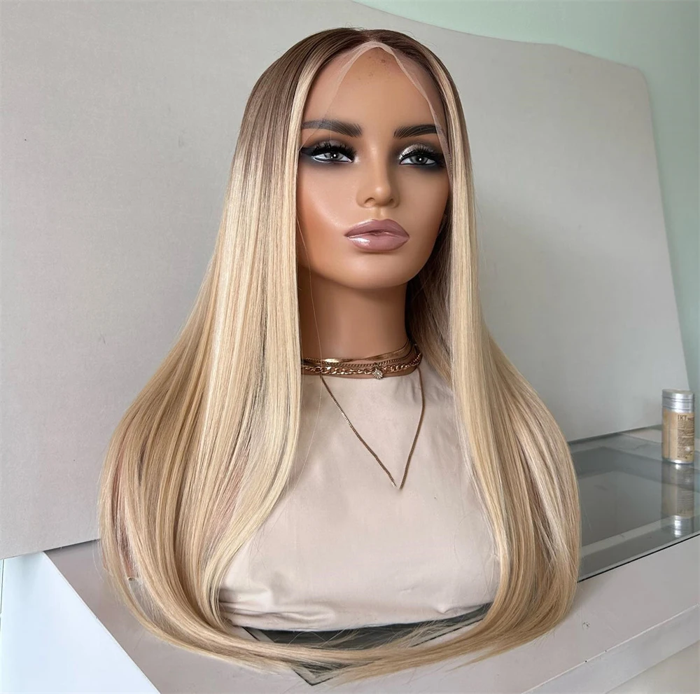 Honey Blonde Straight Lace Front Wig Dark Roots Synthetic Hair for Women 13x4 Lace Frontal Wig Pre Plucked Blonde Colored Wig