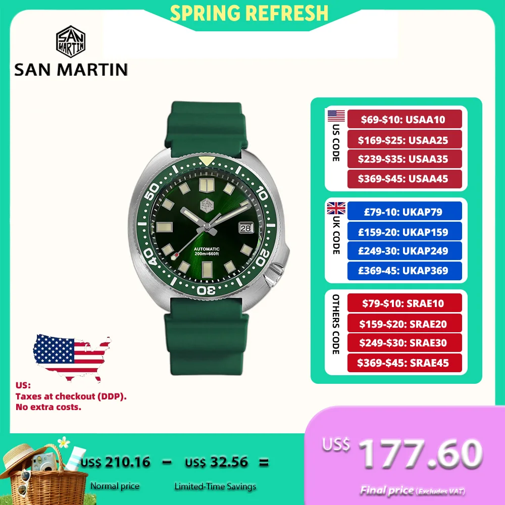 

San Martin New 44mm Turtle Men Mechanical Watch NH35 Self-Wind Automatic Wristwatch Sapphire Lume 20Bar Luxury Reloj SN0047G-B