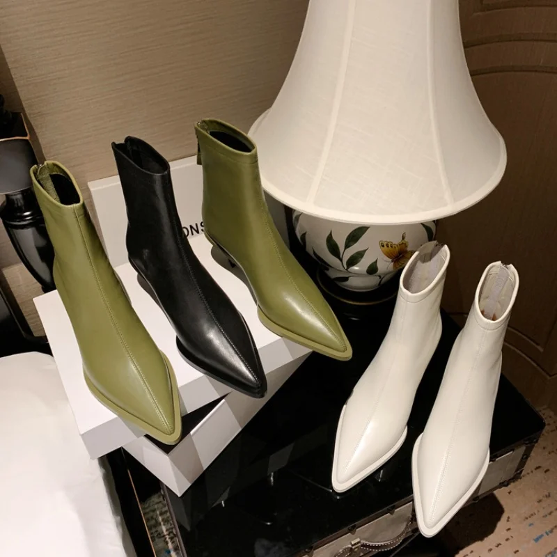 

Зеленая женская обувь для зрелых женщин, новый котенок на каблуке с острым носком, натуральная кожа, однотонная молния сзади, модная женская обувь на весну и осень