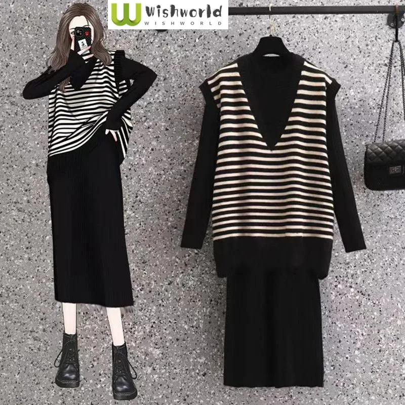 Spring and Autumn Set Women\'s 2023 New Korean Fashion Stripe Tank Top Casual Age Reducing Dress Two Piece Set